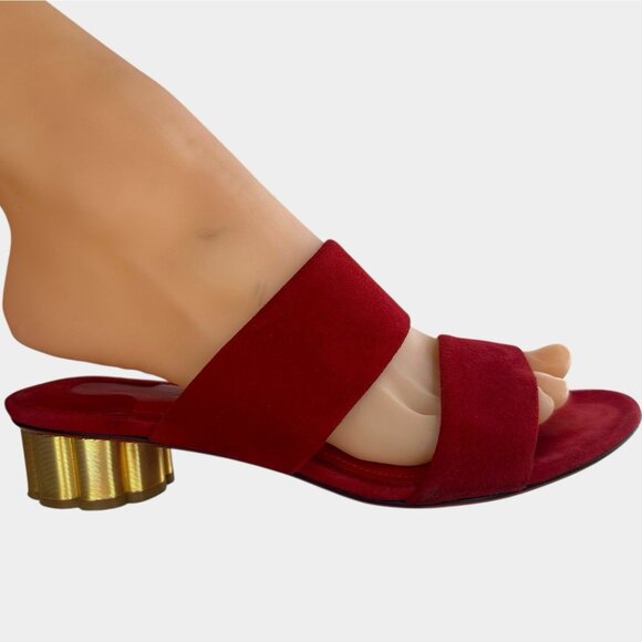 Salvatore Ferragamo Belluno Lipstick Suede Calf Flower Heel Slide Sandals US 4.5 - Picture 5 of 14
